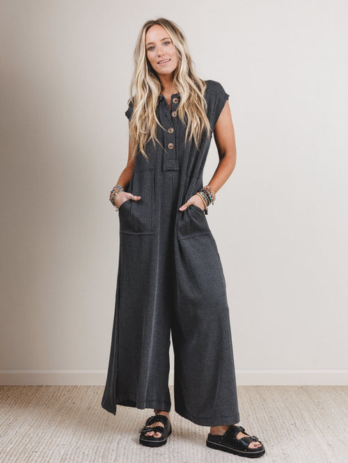 The Nest Madeline Textured Jumpsuit - Charcoal