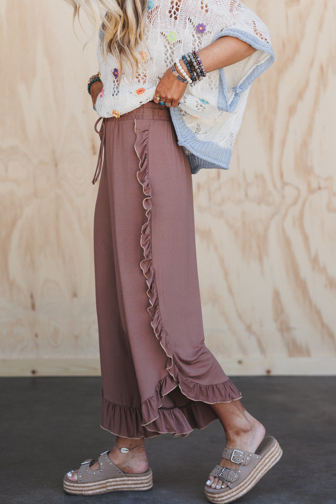 The Nest Saturdays Ruffle Wide Leg Pants - Dark Mocha
