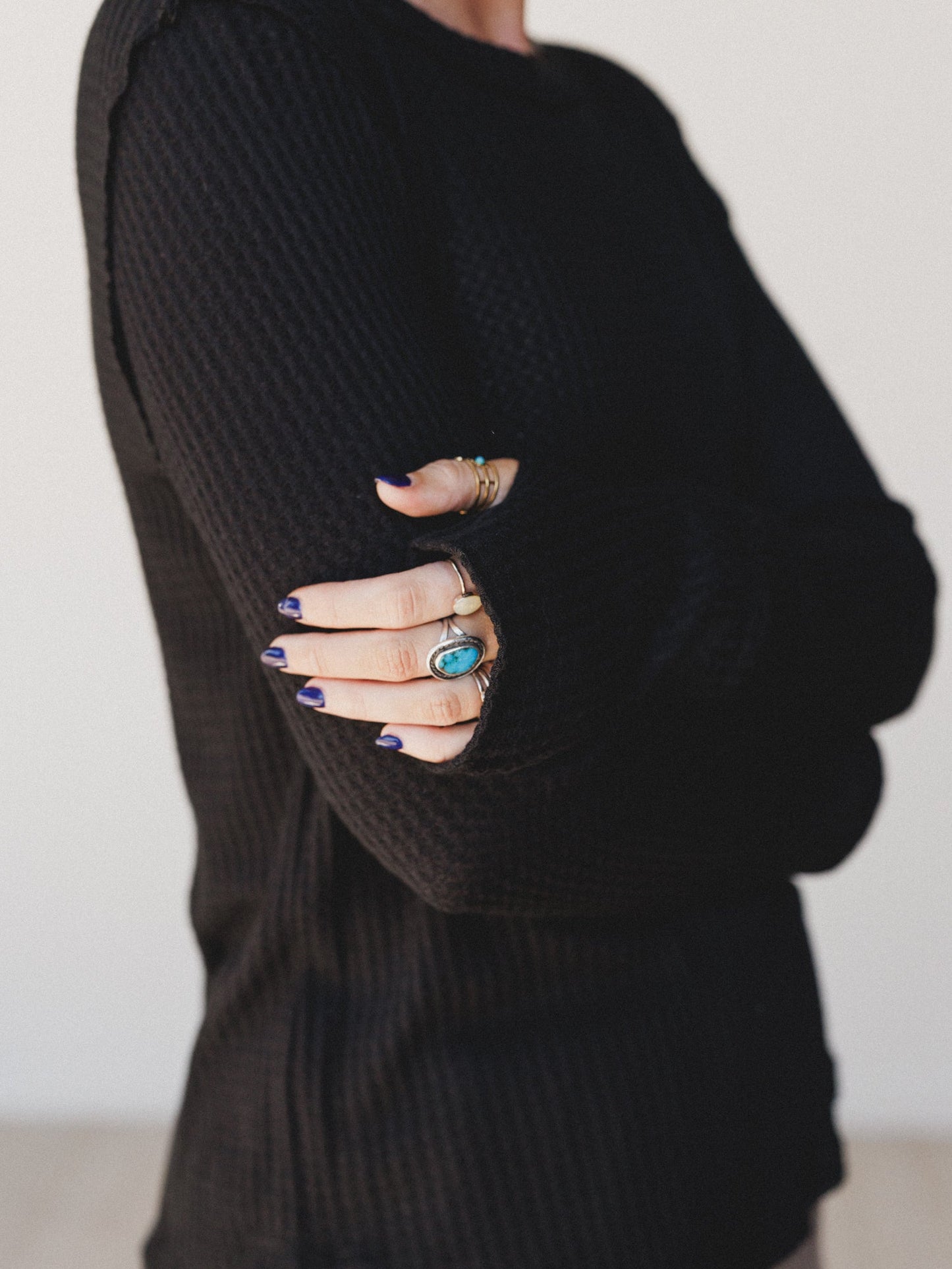 The Nest Jacqueline Waffle Long Sleeve Top - Black