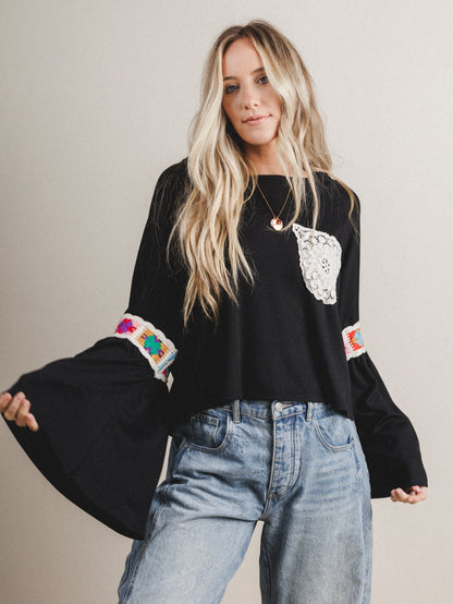 The Nest Groovy Crochet Patchwork Top - Black