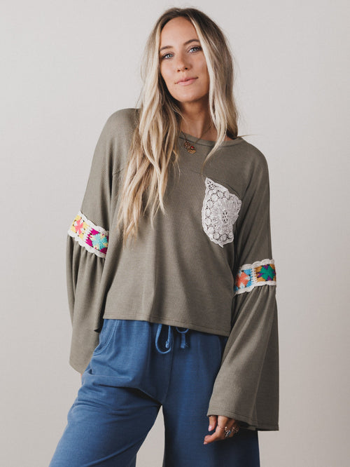 The Nest Groovy Crochet Patchwork Top - Olive
