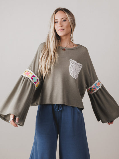 The Nest Groovy Crochet Patchwork Top - Olive