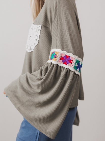 The Nest Groovy Crochet Patchwork Top - Olive