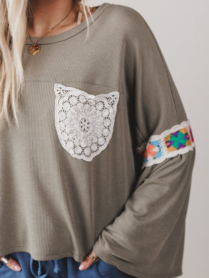 The Nest Groovy Crochet Patchwork Top - Olive