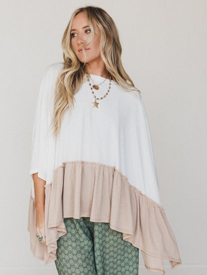 The Nest Sally Ruffle Top - Off White Camel