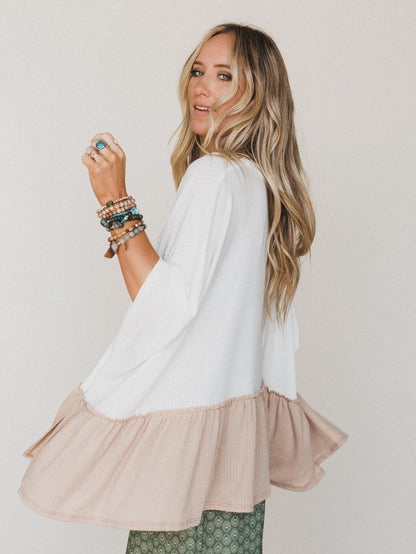 The Nest Sally Ruffle Top - Off White Camel