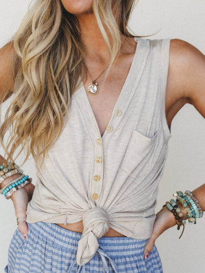 The Nest Shelli Henley Tank Top - Heather Oatmeal
