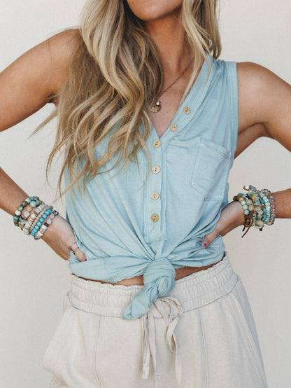 The Nest Shelli Henley Tank Top - Washed Seafoam