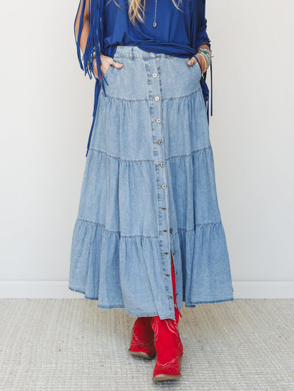 Country Mart Tiered Maxi Skirt - Denim