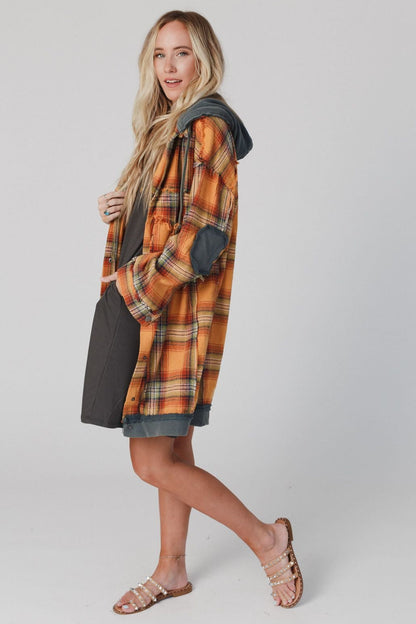 Flannel Layers Hooded Jacket - Orange Multi