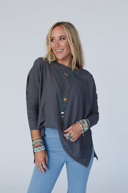 The Nest Rosemary Contrast Long Sleeve Top - Charcoal