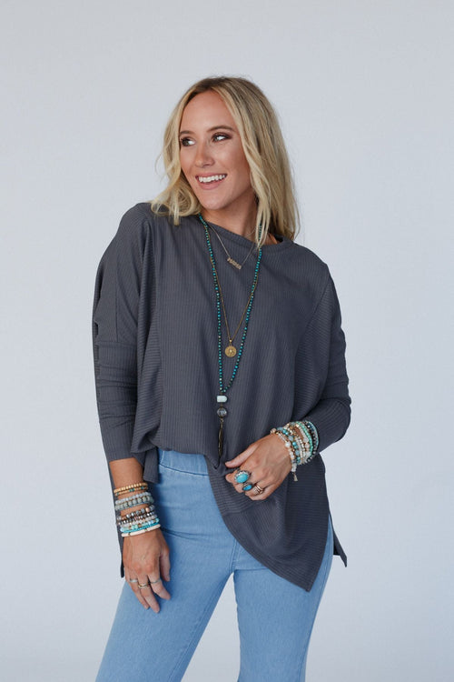 The Nest Rosemary Contrast Long Sleeve Top - Charcoal