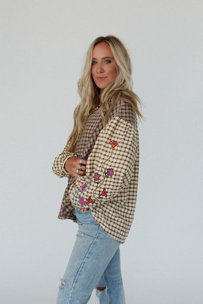 Homestead Plaid Floral Top - Mushroom