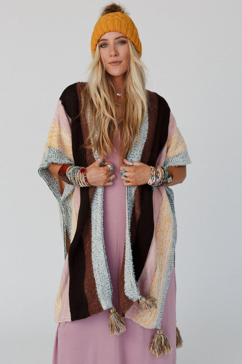 Wandering Soul Striped Tassel Ruana - Yellow