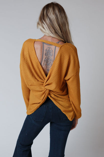 The Nest Flattering Open Back Thermal Knit Top - Mustard