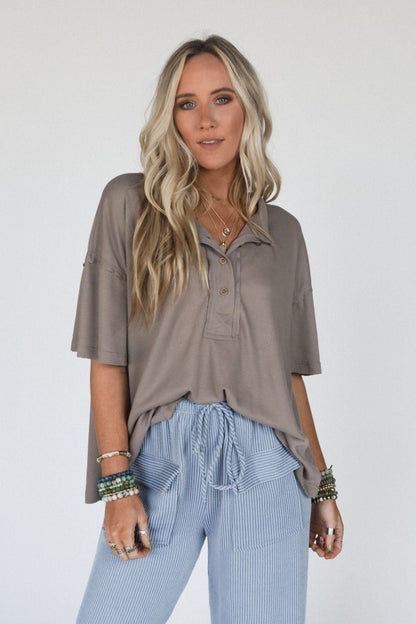 The Nest Soft Plume Henley Top - Mocha