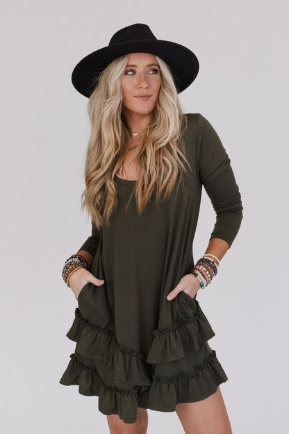 The Nest Constance Ruffle Hem Long Sleeve Dress - Olive