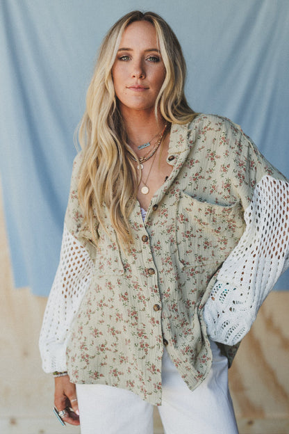Floral Fantasia Button Down Top - Sage