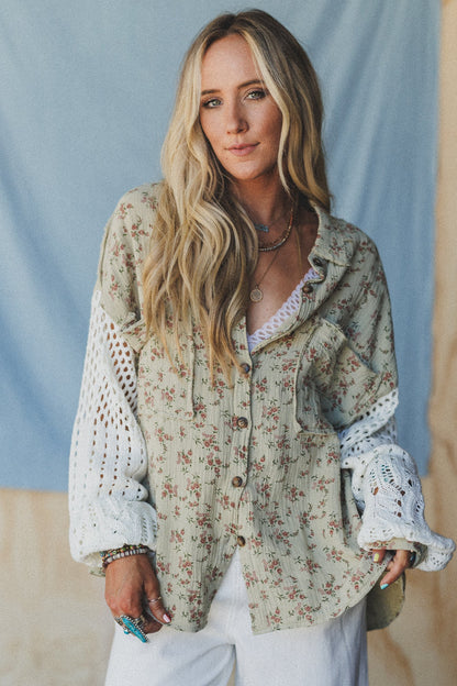 Floral Fantasia Button Down Top - Sage
