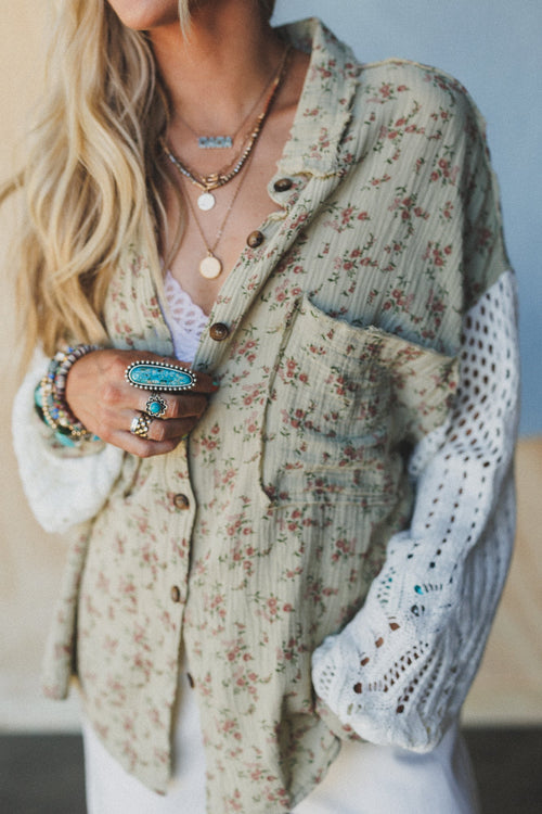 Floral Fantasia Button Down Top - Sage