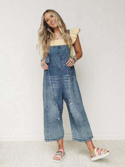 High Hopes Slouchy Denim Overalls - Blue
