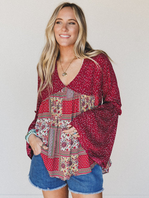The Nest Brea Mixed Print Top - Burgundy
