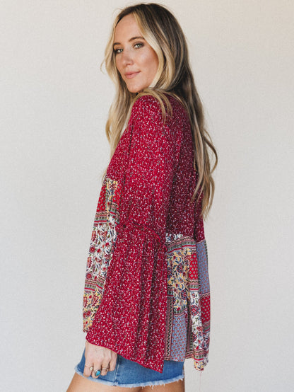 The Nest Brea Mixed Print Top - Burgundy