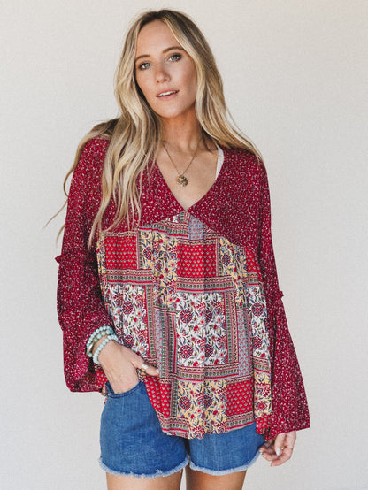 The Nest Brea Mixed Print Top - Burgundy