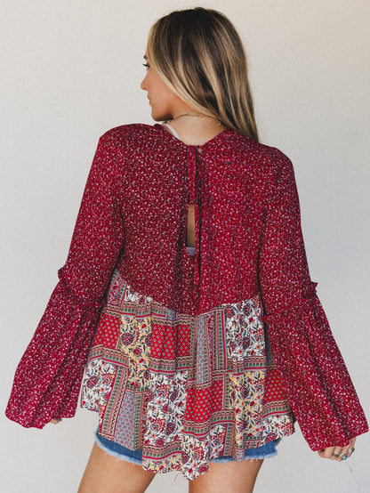 The Nest Brea Mixed Print Top - Burgundy
