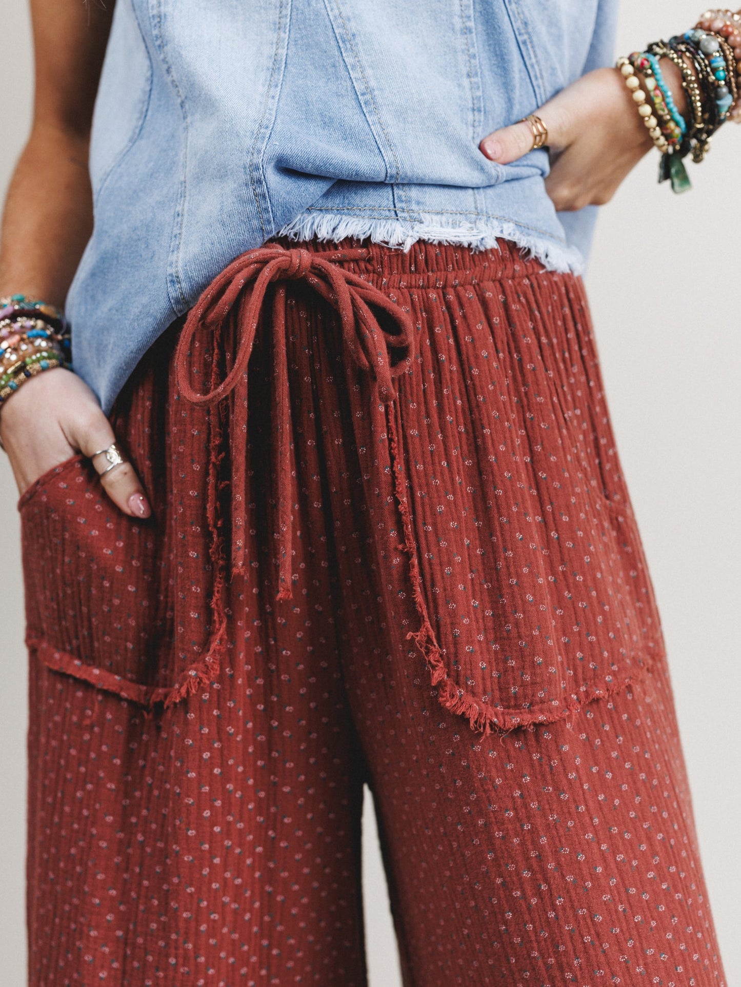 The Nest Sandra Wide Leg Ruffle Pant - Teracotta