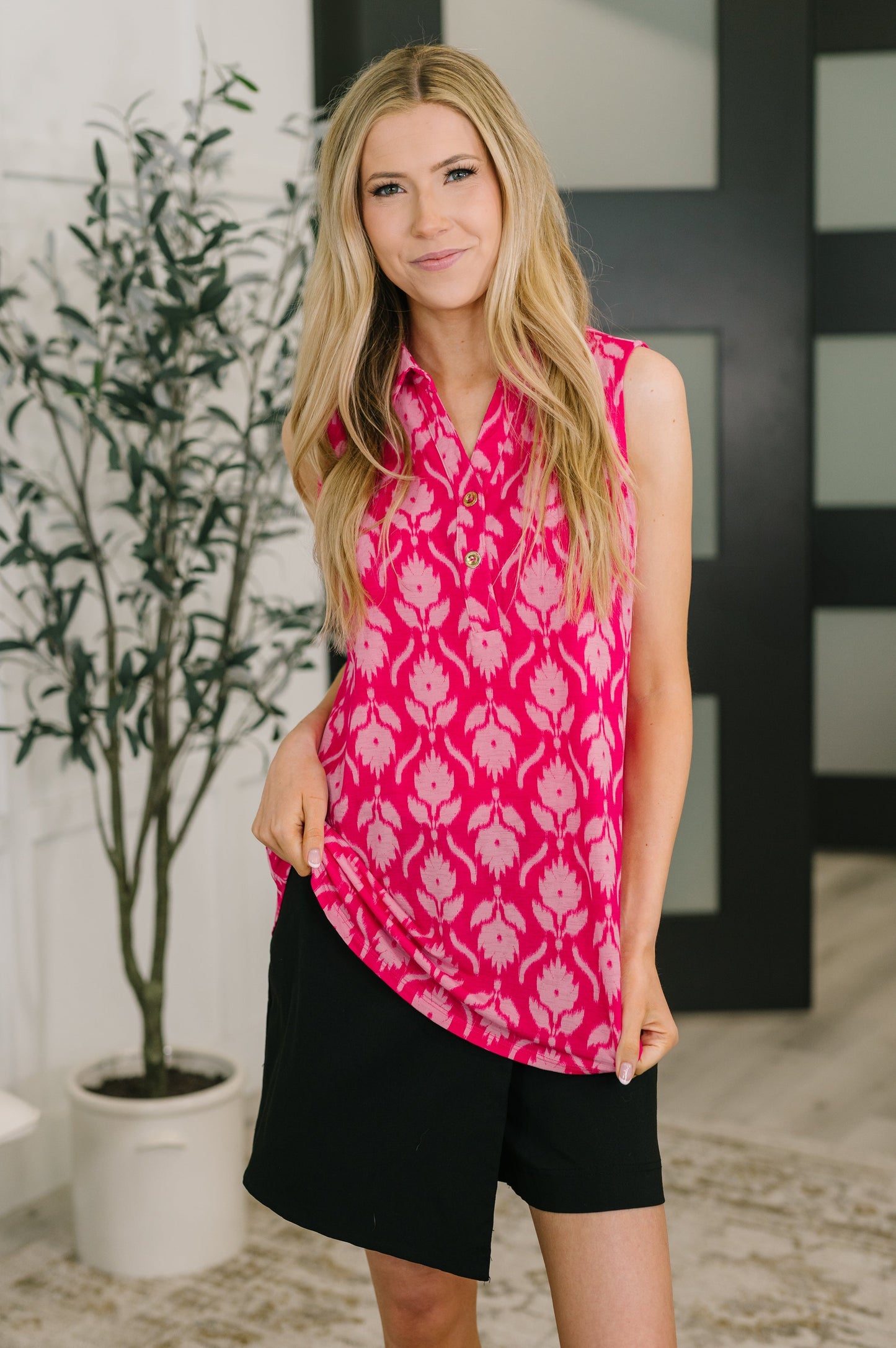 Hazel Blues® |  Sea Spray Collared Sleeveless Top in Floral Ikat