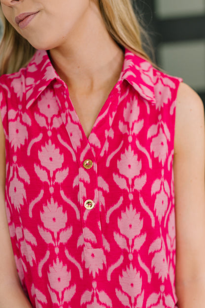 Hazel Blues® |  Sea Spray Collared Sleeveless Top in Floral Ikat