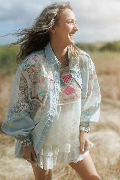 Hopeless Romantic Floral Lace Denim Jacket - Denim