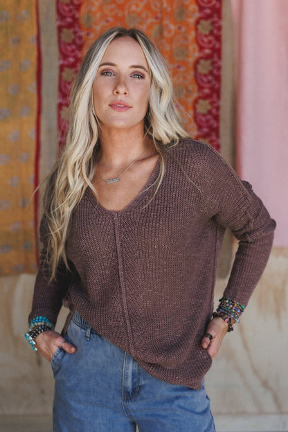Moonlit Layers V Neck Top - Mushroom