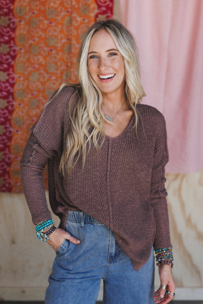 Moonlit Layers V Neck Top - Mushroom