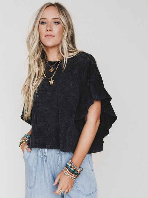 Ruffle Sleeve Tee - Ash Black