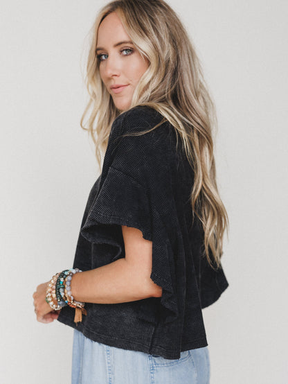 Ruffle Sleeve Tee - Ash Black