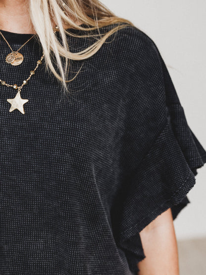 Ruffle Sleeve Tee - Ash Black