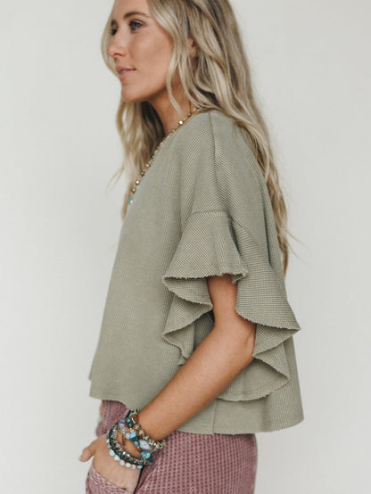 Ruffle Sleeve Tee - Dry Herb