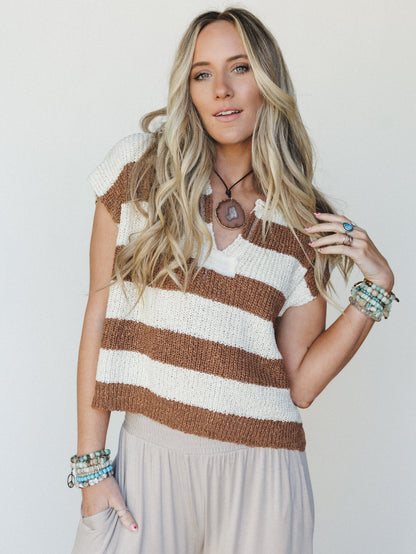 Sailor Striped Sweater Top - Deep Camel