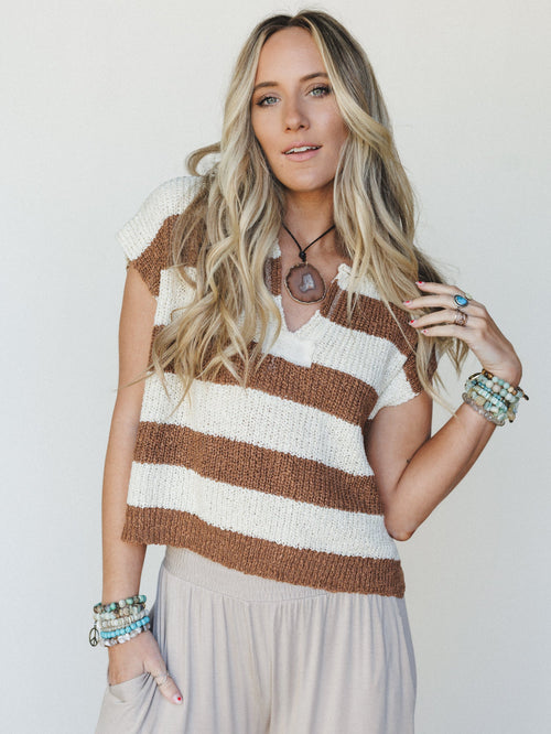 Sailor Striped Sweater Top - Deep Camel