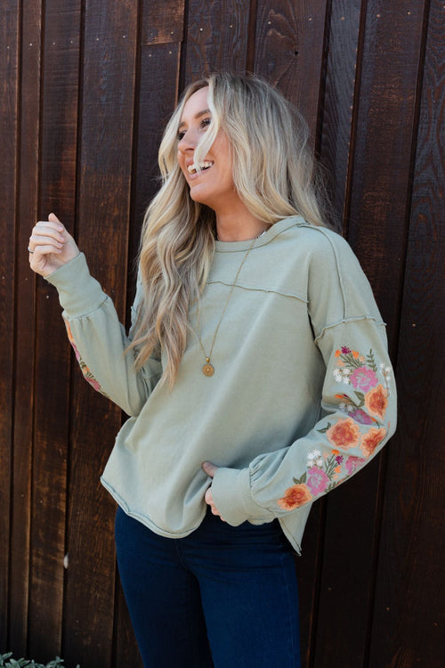 Doriane Embroidered Top - Sage
