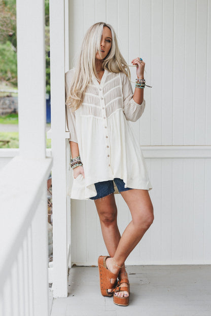Divided Lines Button Down Tunic - Cream