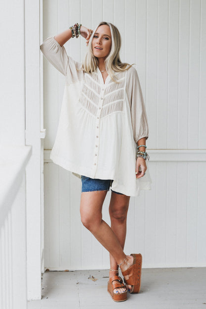 Divided Lines Button Down Tunic - Cream