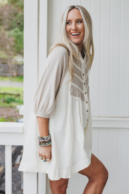 Divided Lines Button Down Tunic - Cream