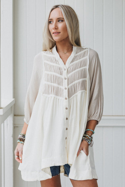 Divided Lines Button Down Tunic - Cream