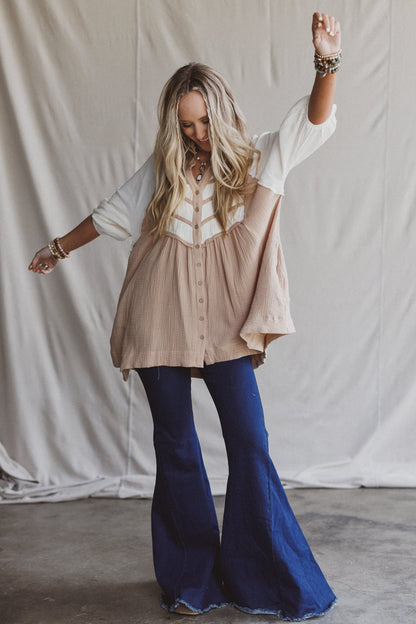 Divided Lines Button Down Tunic - Taupe