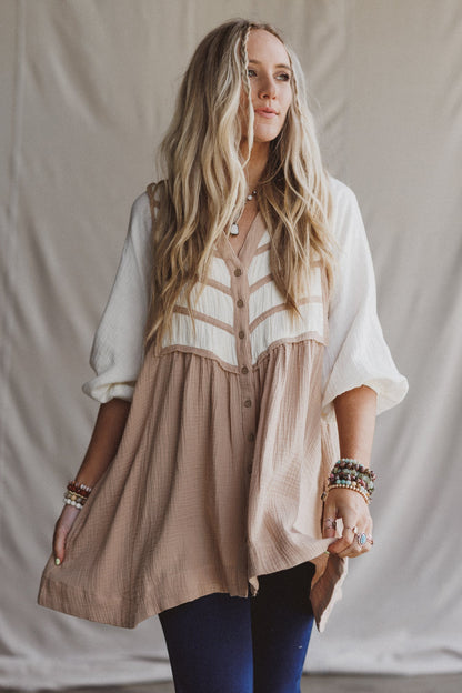 Divided Lines Button Down Tunic - Taupe