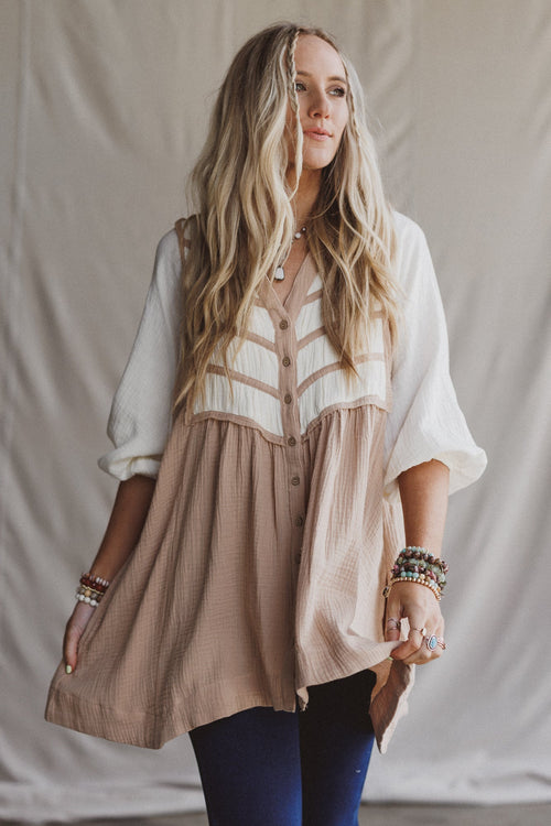 Divided Lines Button Down Tunic - Taupe