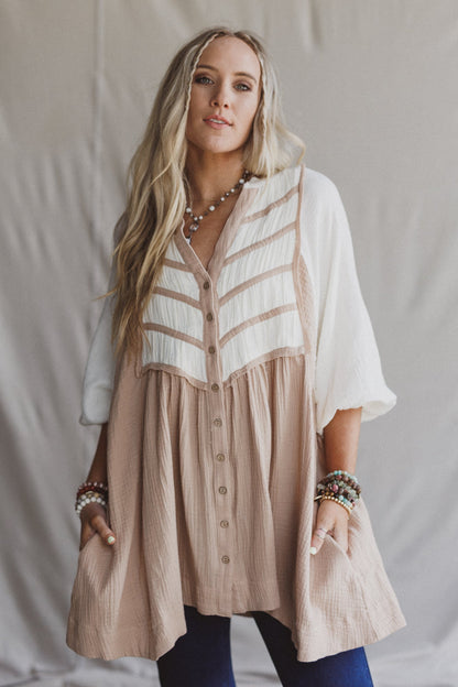 Divided Lines Button Down Tunic - Taupe